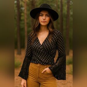 Black Floral Draped Wrap Peasant Blouse M Crochet Sleeves Greta Van Fleet Whimsy